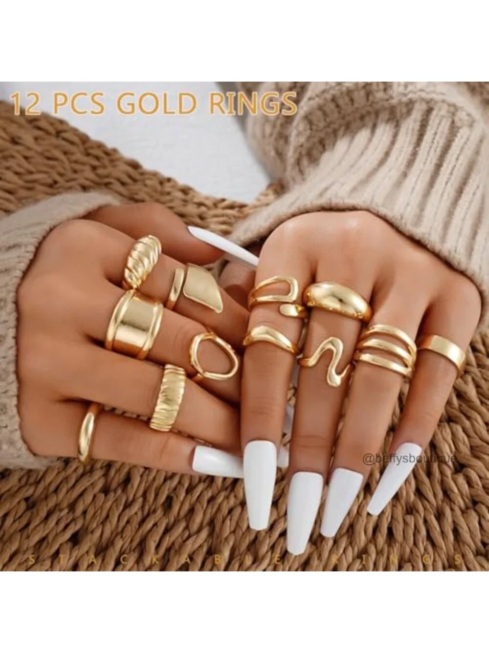 18K Gold Plated Stackable Rings Set - 12 Piece Chunky Band Rings for Women